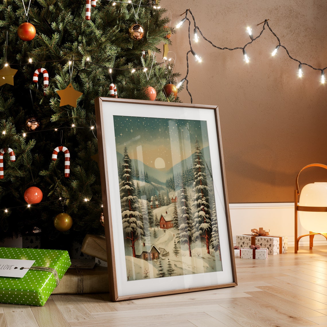 Snowy Mountain Village Moonlit Winter Night Landscape Poster - Image 5