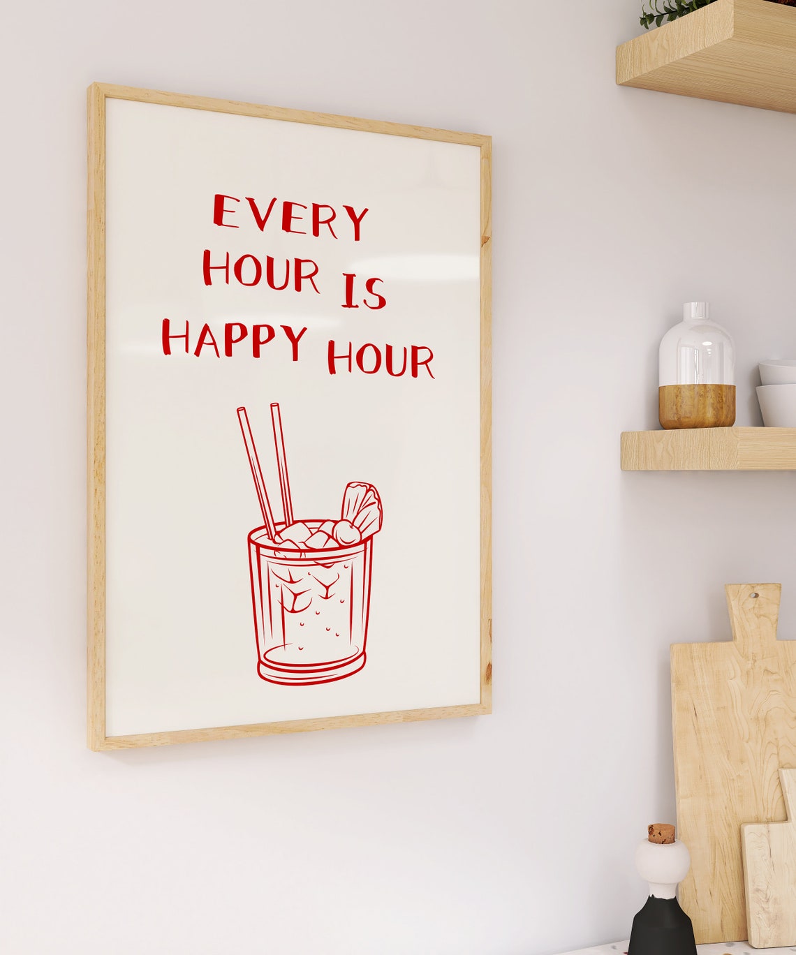 Every Hour Is Happy Hour Funny Retro Cocktail Bar Cart Poster - Image 2