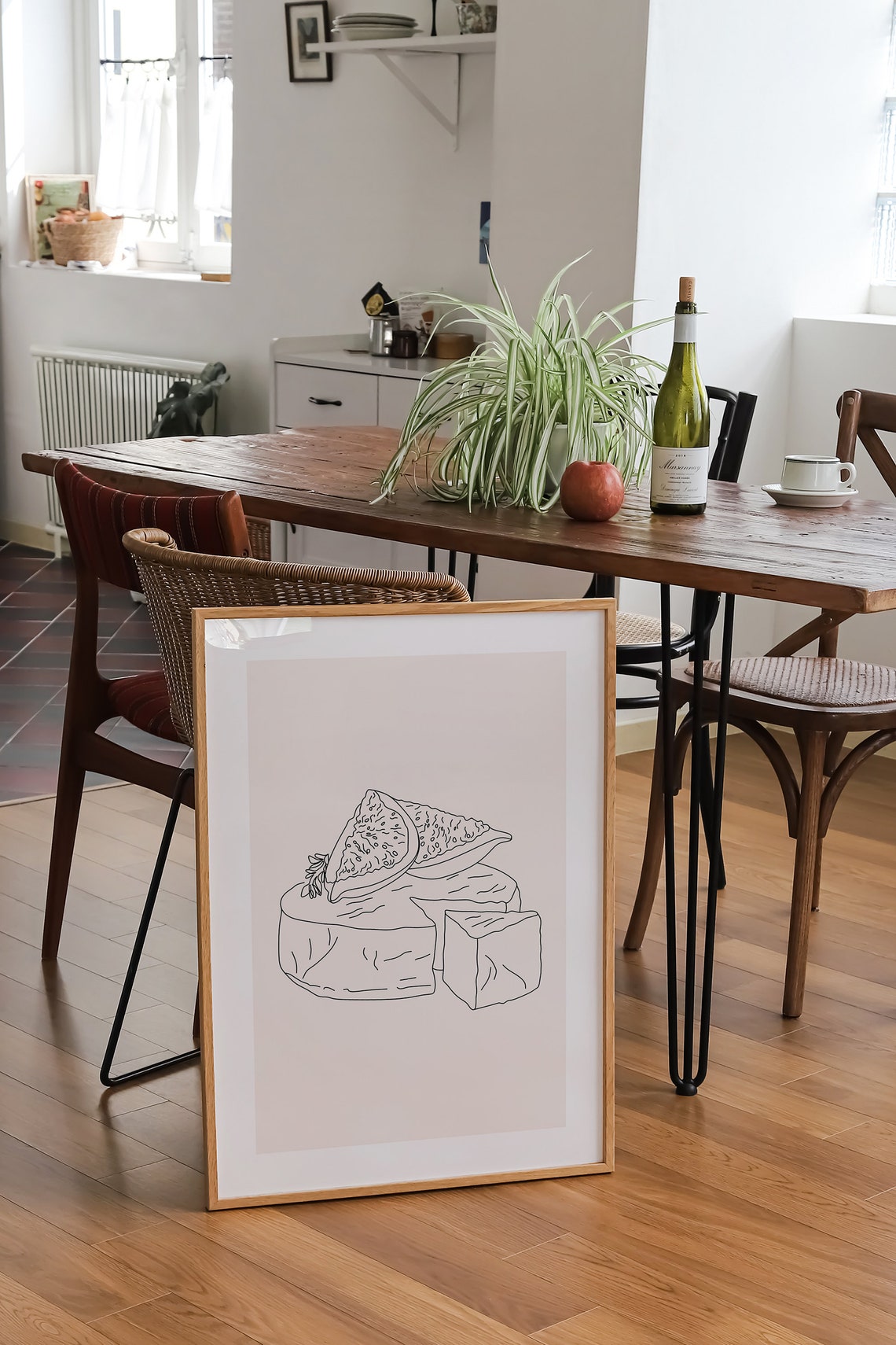 Le Fromage Cheese Wheel and Fig Minimal Line Drawing Kitchen Poster - Image 2