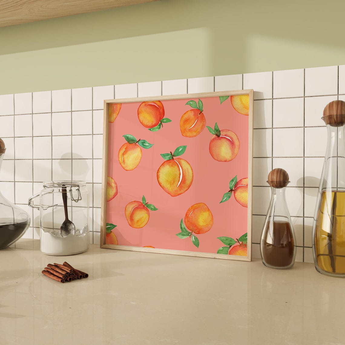 Watercolor Peaches Pattern Pink Girly Fruit Summer Kitchen Poster - Image 4