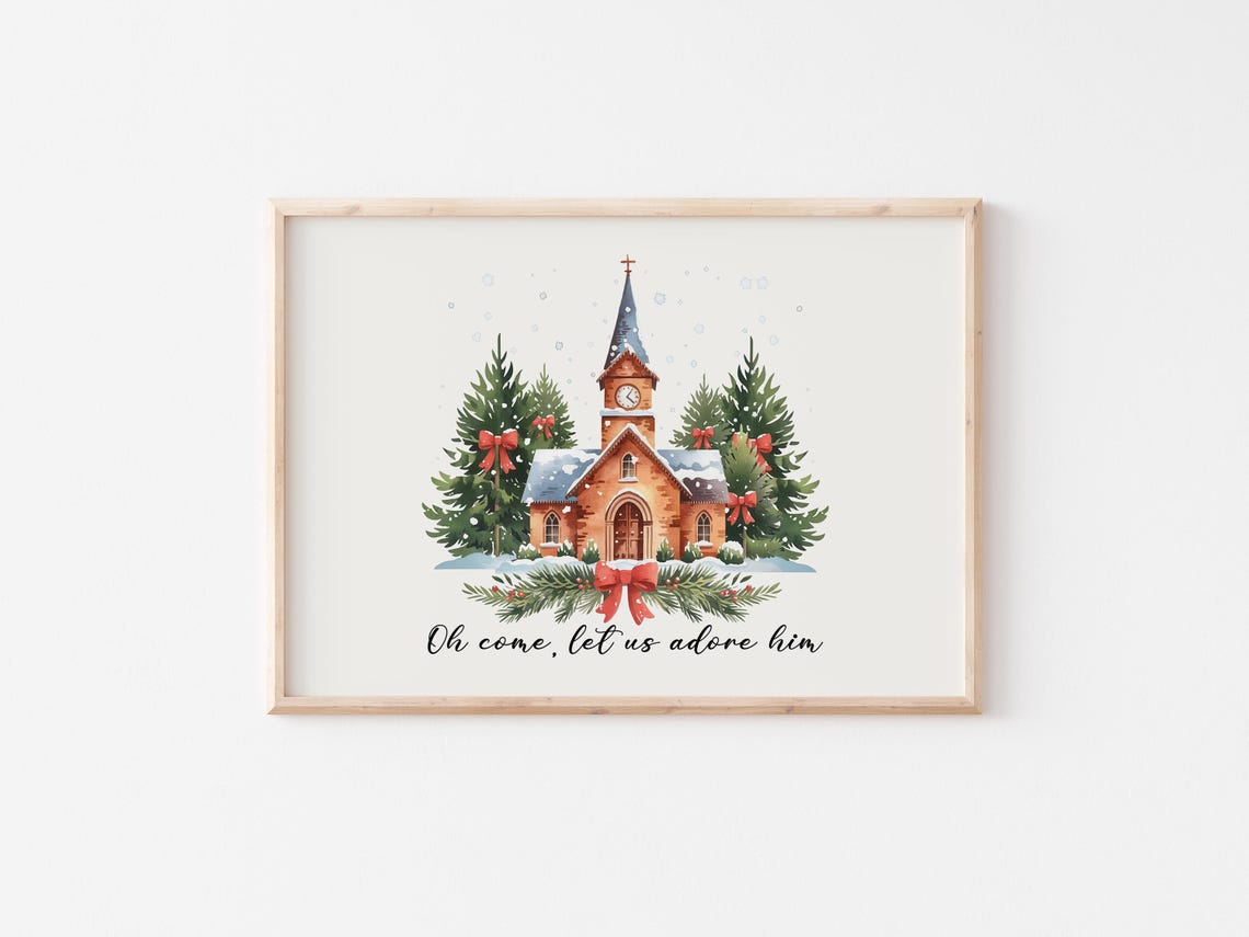 Oh Come Let Us Adore Him Snowy Christmas Chapel Watercolor Poster - Image 3