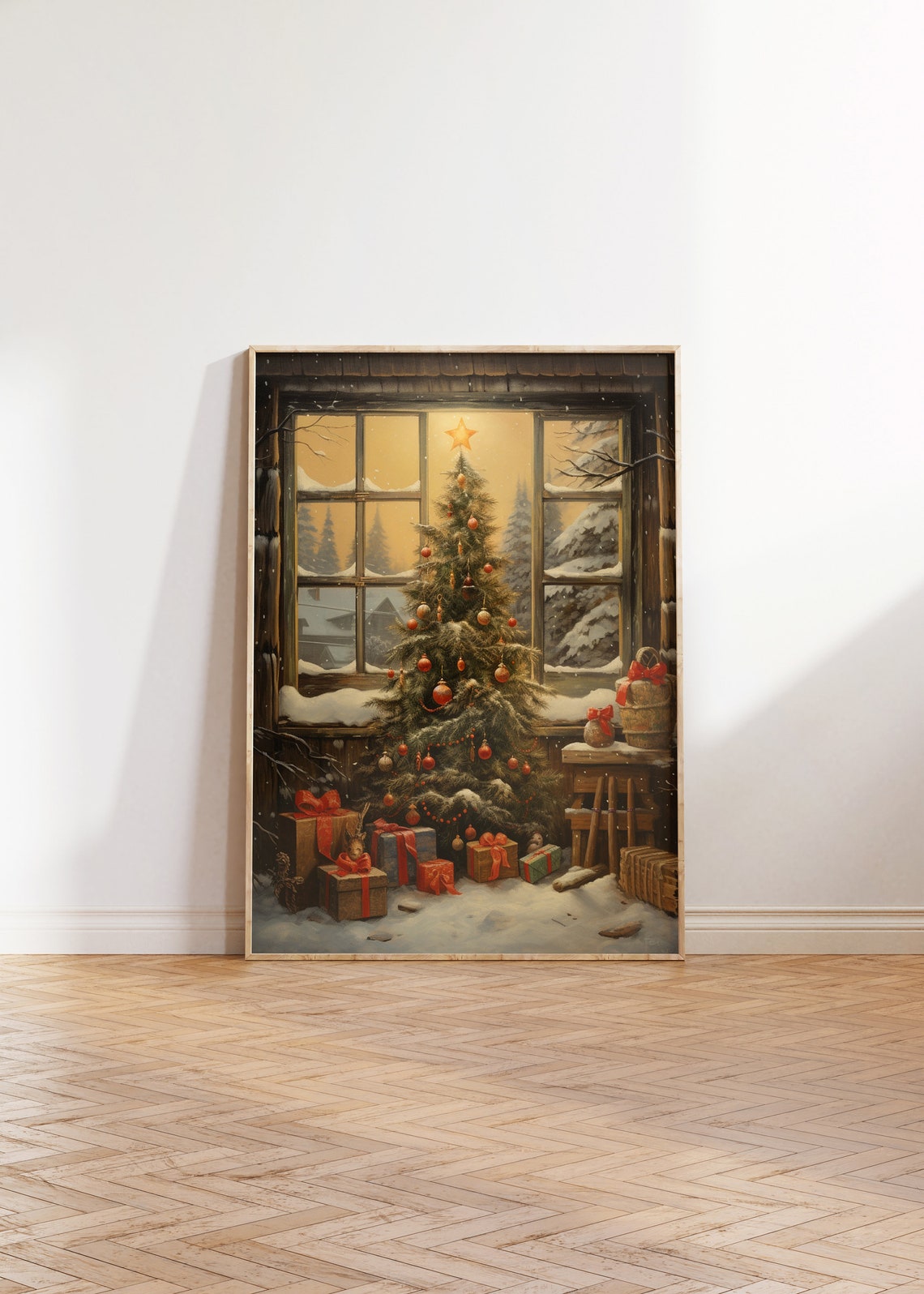 Vintage Christmas Tree By Snowy Cabin Window Winter Village Poster - Image 5
