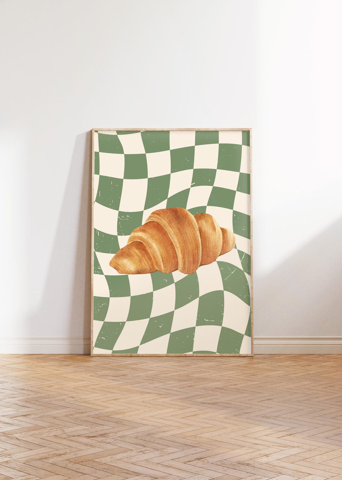 Buttery Croissant On Sage Green Wavy Retro Checkerboard Poster