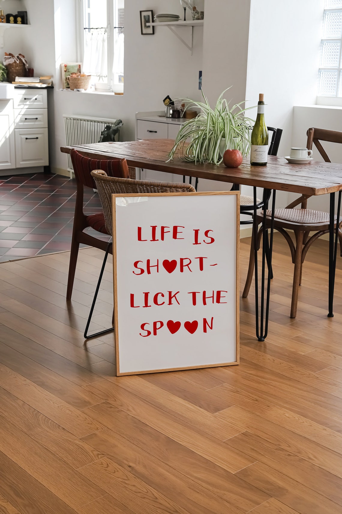 Life Is Short Lick the Spoon Funny Kitchen Quote Poster in Red - Image 2