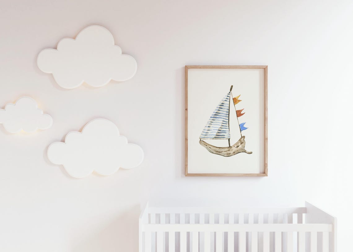 Driftwood Sailboat Blue Striped Sail Colorful Flags Watercolor Poster - Image 5