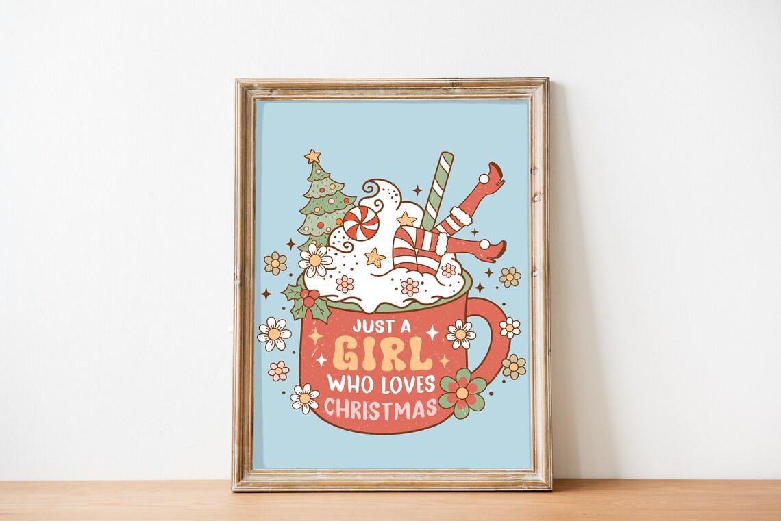 Just A Girl Who Loves Christmas Retro Cocoa Mug Groovy Quote Poster - Image 3