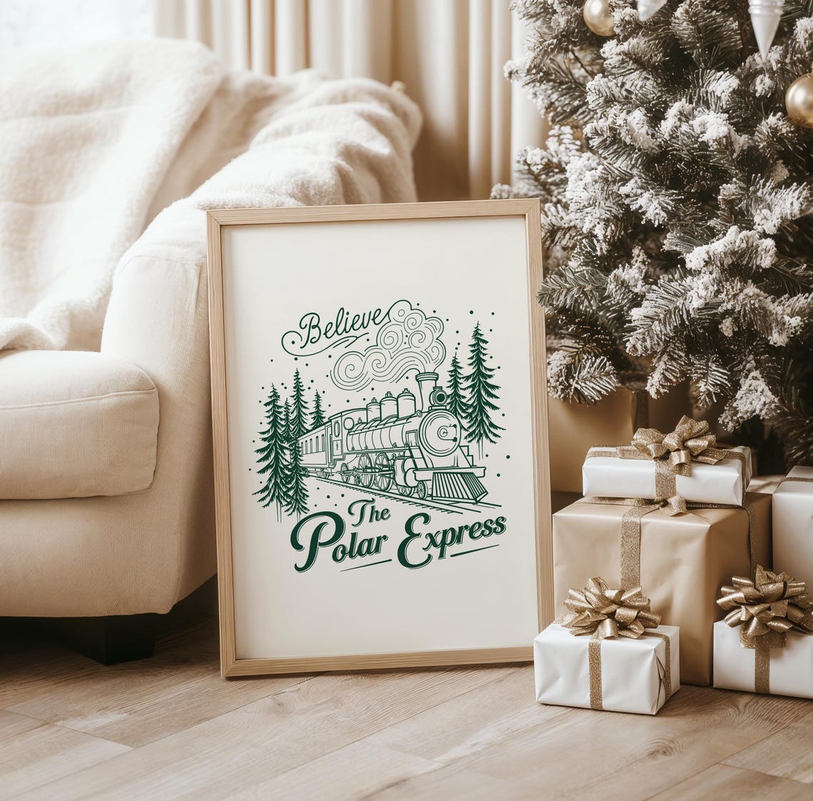 Believe The Polar Express Train Christmas Green Line Art Poster - Image 4