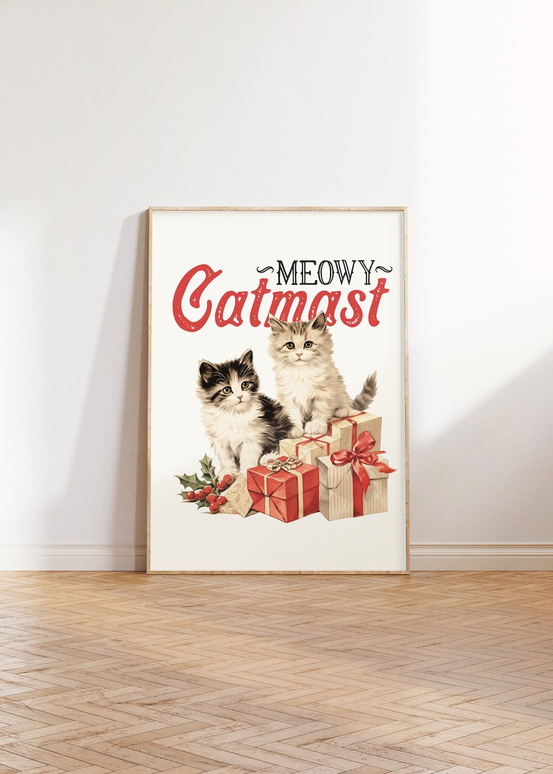 Meowy Catmas Vintage Kittens With Christmas Gifts Holiday Poster - Image 3