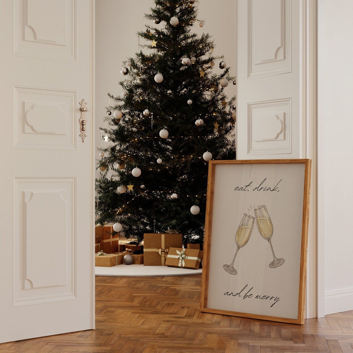 Eat Drink And Be Merry Clinking Champagne Flutes Minimal Christmas Poster - Image 3