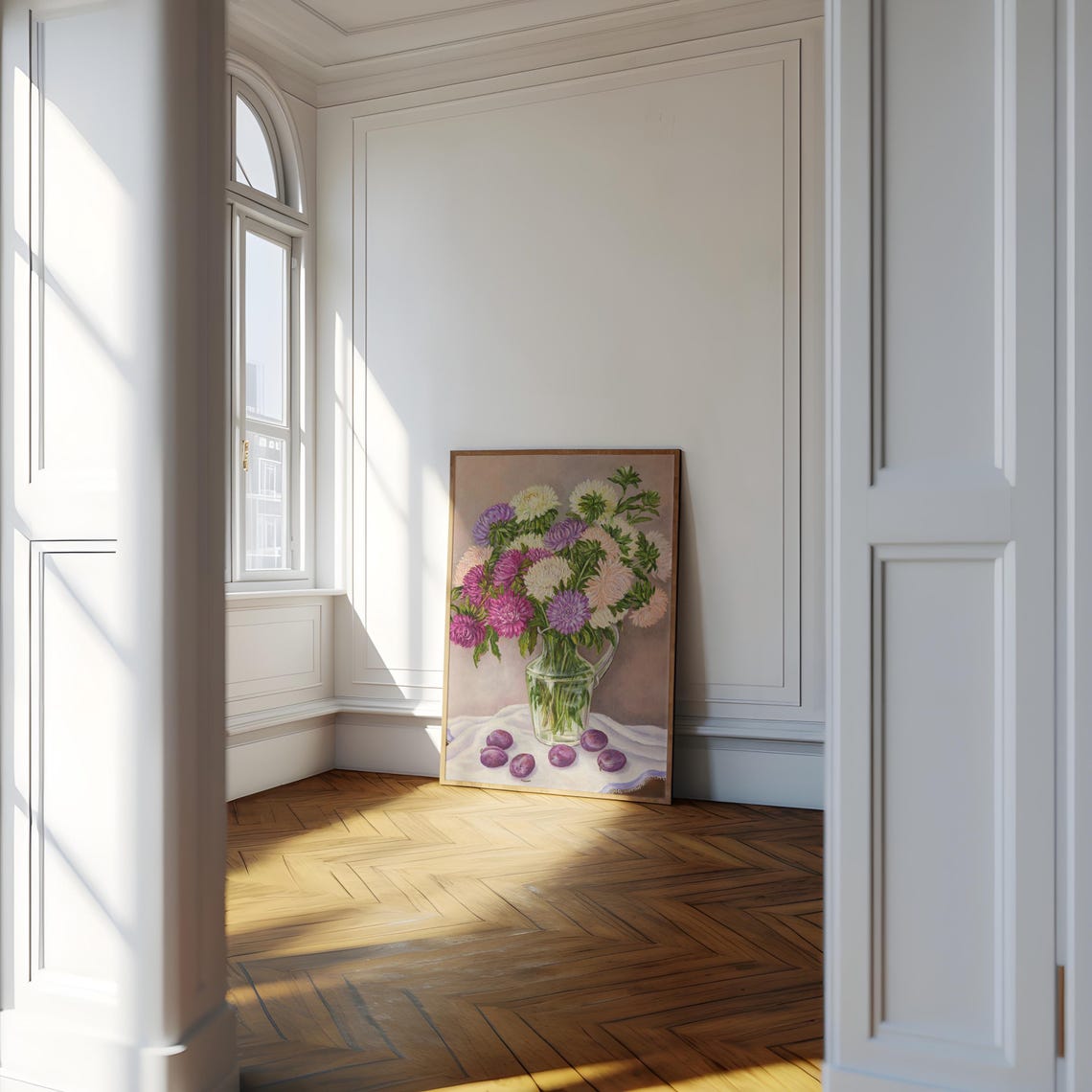 Aster Bouquet In Glass Pitcher With Plums Still Life Painting Poster - Image 5