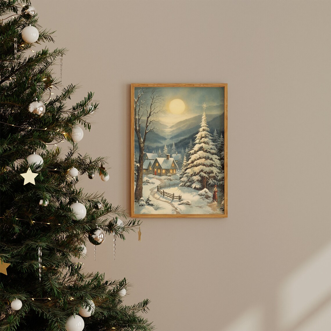 Vintage Snowy Christmas Village Moonlit Winter Evening Poster - Image 2