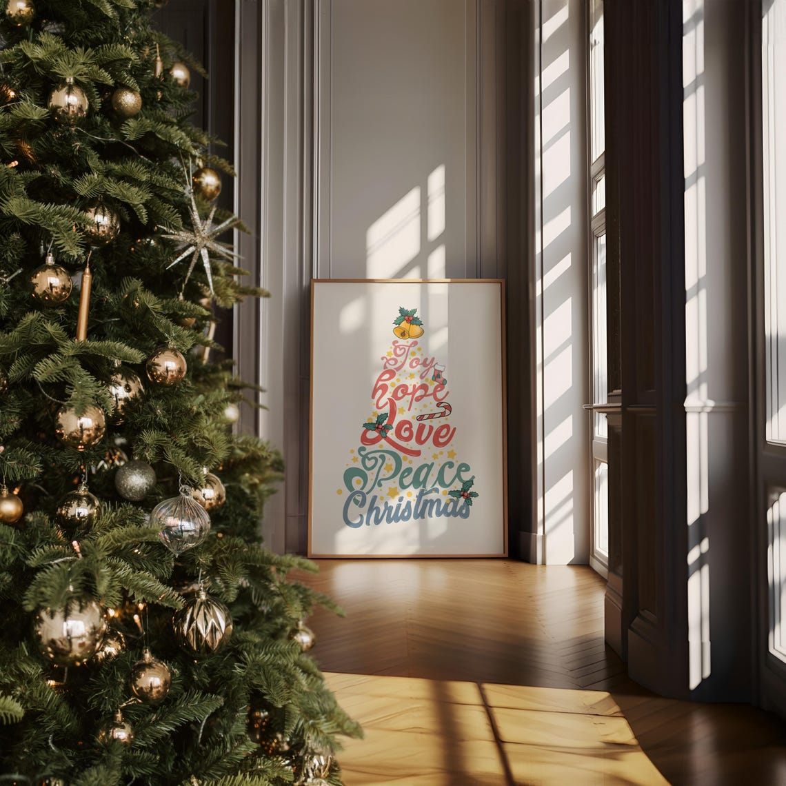 Joy Hope Love Peace Christmas Tree Script Vintage Holiday Poster - Image 2
