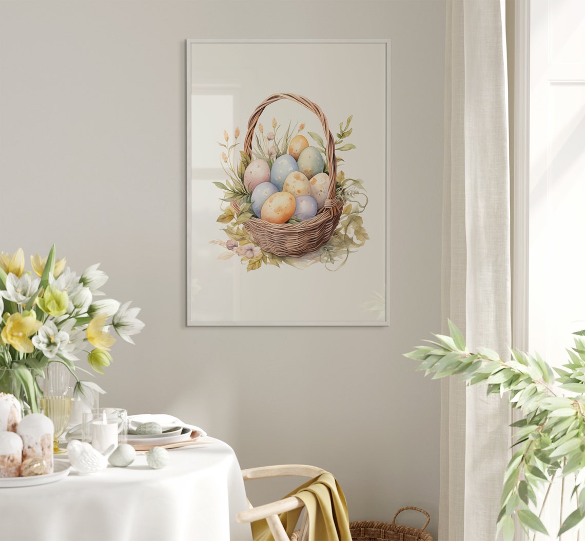 Wicker Basket Of Pastel Easter Eggs Rustic Watercolor Poster - Image 5