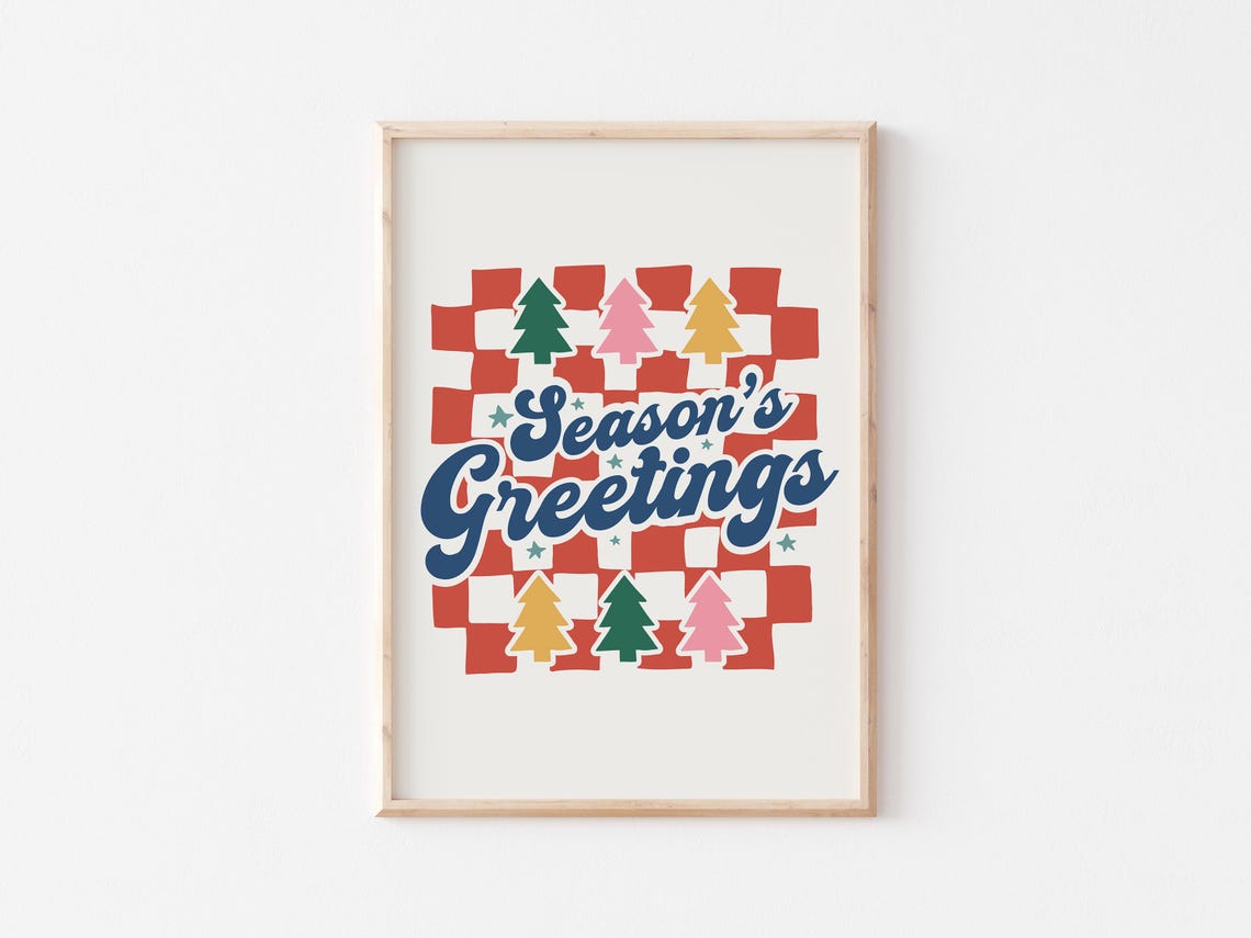 Season's Greetings Retro Checkerboard Christmas Trees Poster - Image 3