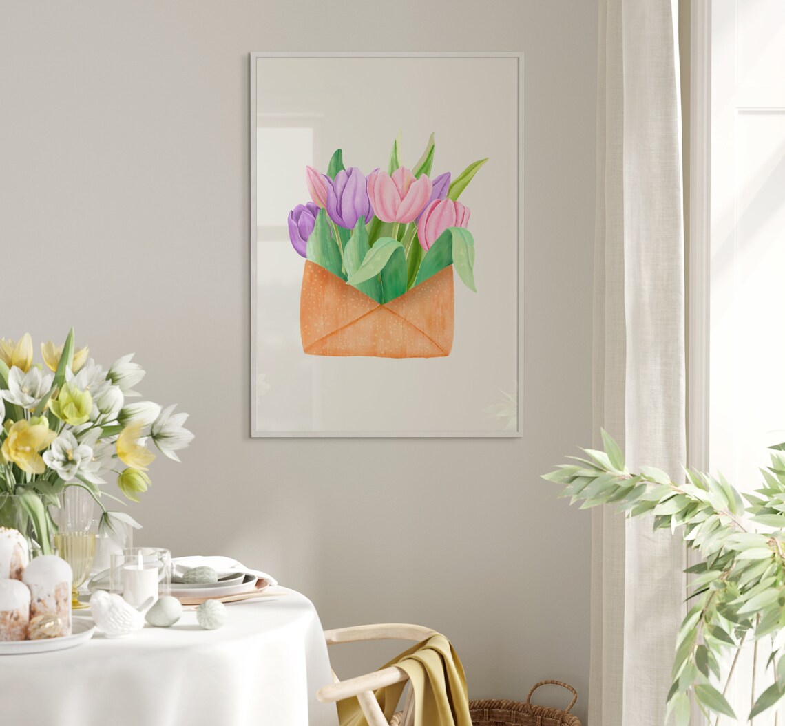 Purple And Pink Tulips In Envelope Watercolor Flower Art Poster - Image 5
