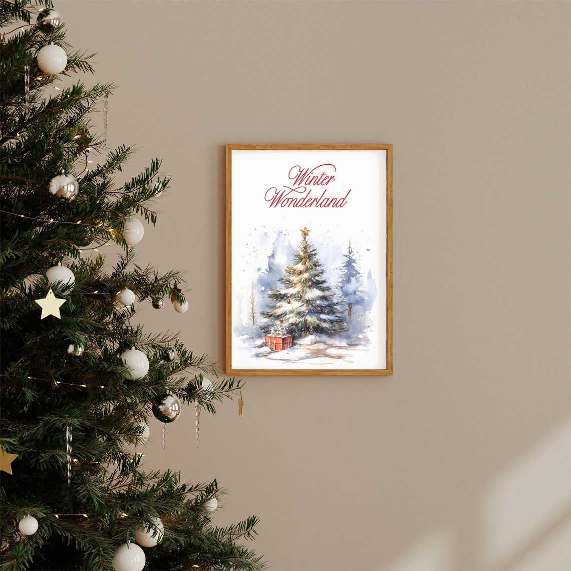 Winter Wonderland Script Snowy Christmas Tree Watercolor Poster - Image 2