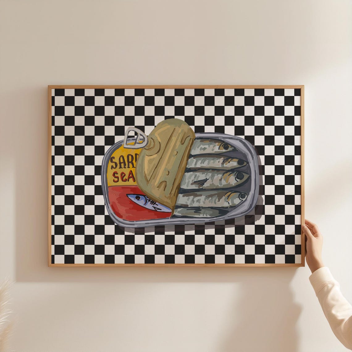 Funky Sardine Tin Illustration on Black and White Checkerboard Poster - Image 5