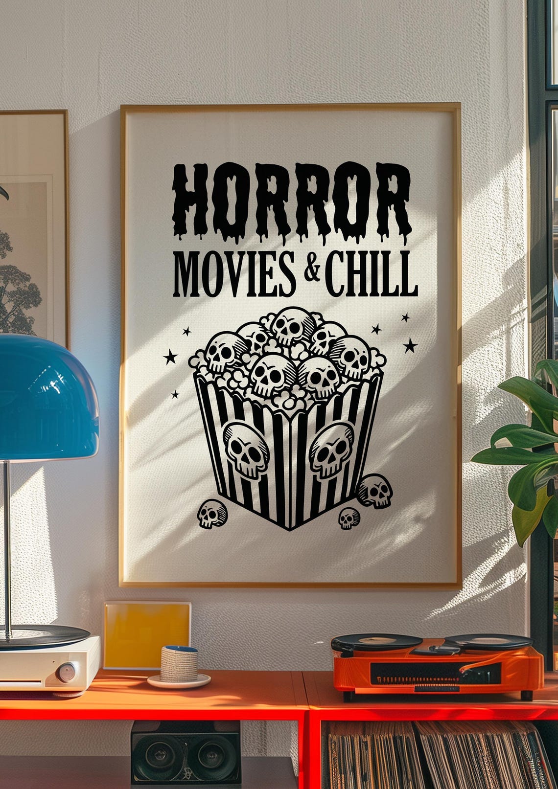 Horror Movies And Chill Skull Popcorn Retro Halloween Poster - Image 3