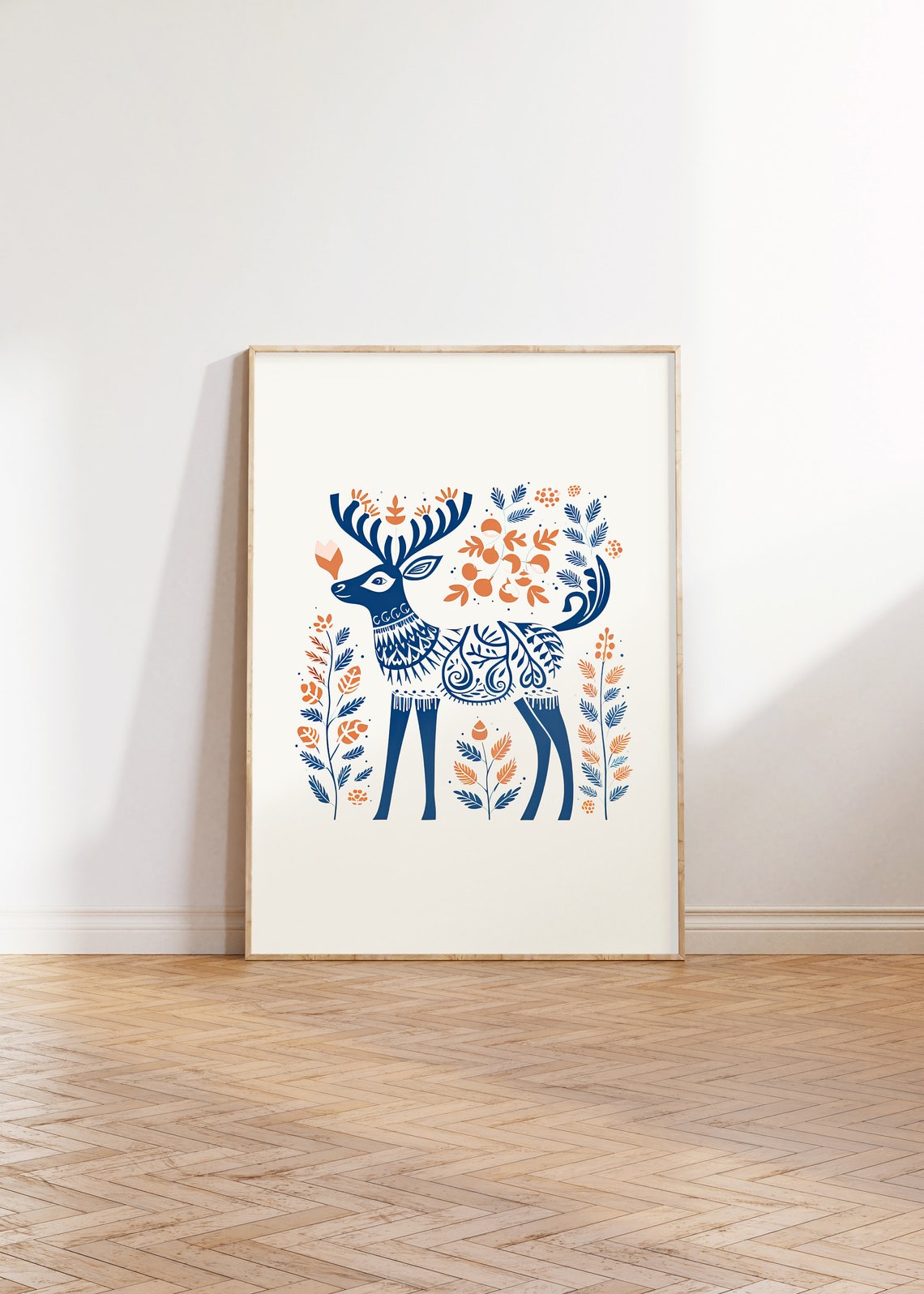 Scandinavian Folk Deer Navy Botanical Winter Forest Art Poster - Image 2