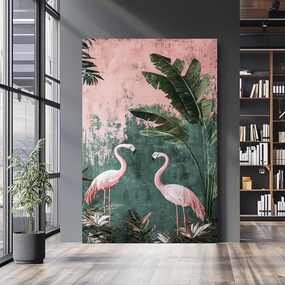 Tropical Pink Flamingos Banana Leaves Vintage Pink Green Wall Art