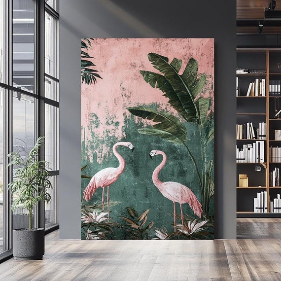 Tropical Maximalist Wall Art Maximalist Painting Green Wall Decor Vintage Maximalist Painting Red Gold Navy Wall Decor