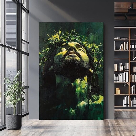 Jesus Crown Of Thorns Green Moody Abstract Portrait Christian Art Poster