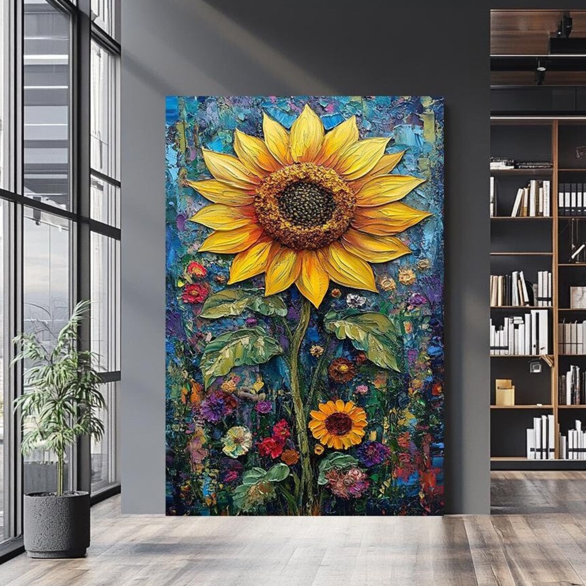 Giant Sunflower Impasto Oil Painting Teal Wildflower Garden Wall Art