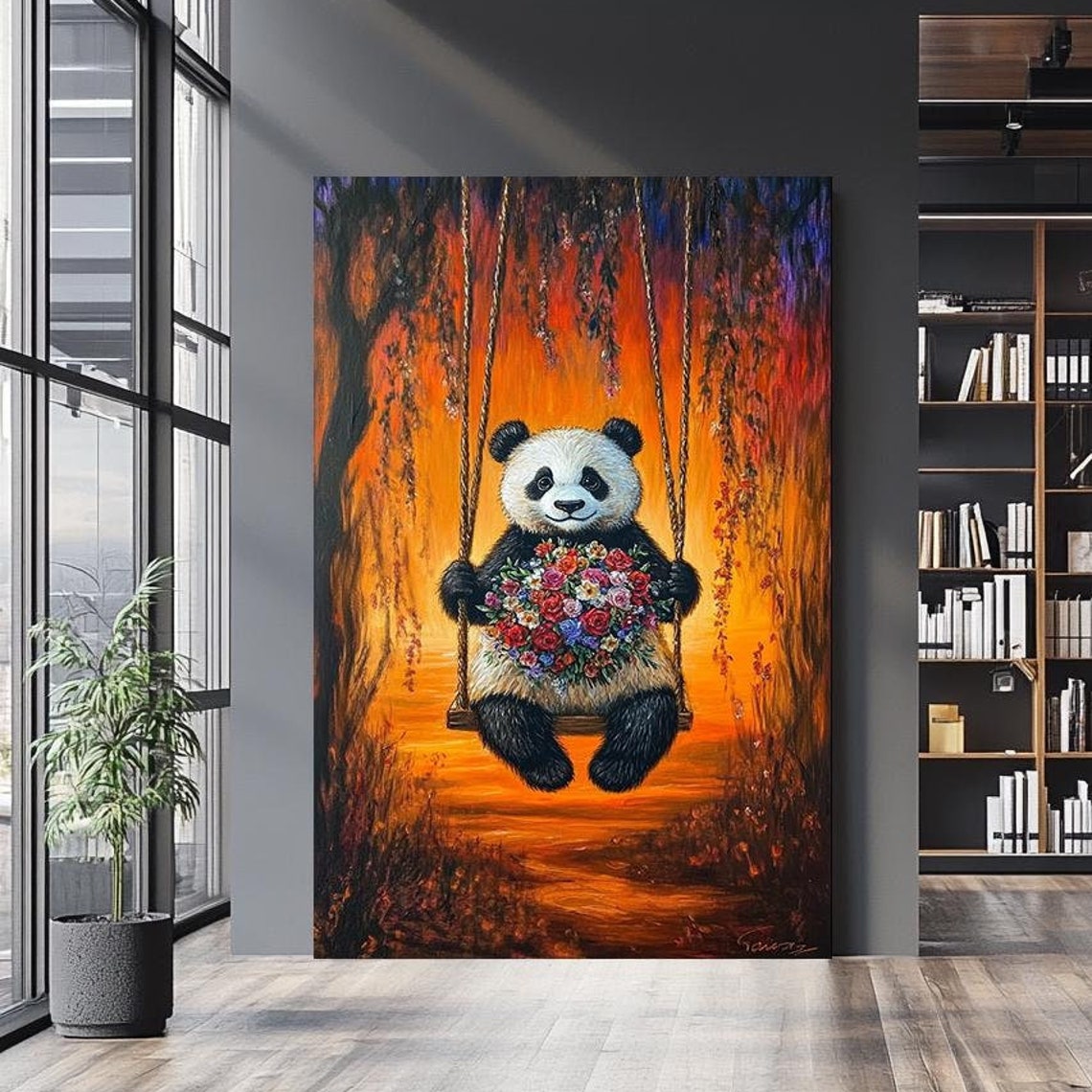 Sweet Panda On Swing Holding Flowers Orange Willow Sunset Wall Art