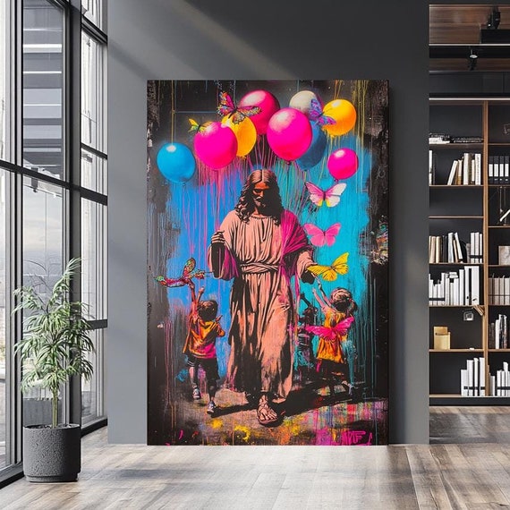 Jesus Walking With Children Wall Art Vibrant Handmade Artwork With Balloons Butterflies And Bold Colors For Modern Christian Decor