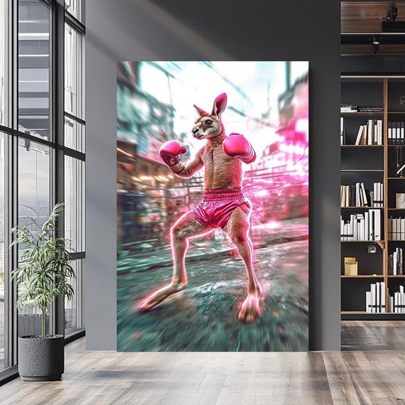 Neon Boxing Kangaroo Wall Art Vibrant And Dynamic Animal Illustration For Bold Home Decor Energetic Sports Themed Gift
