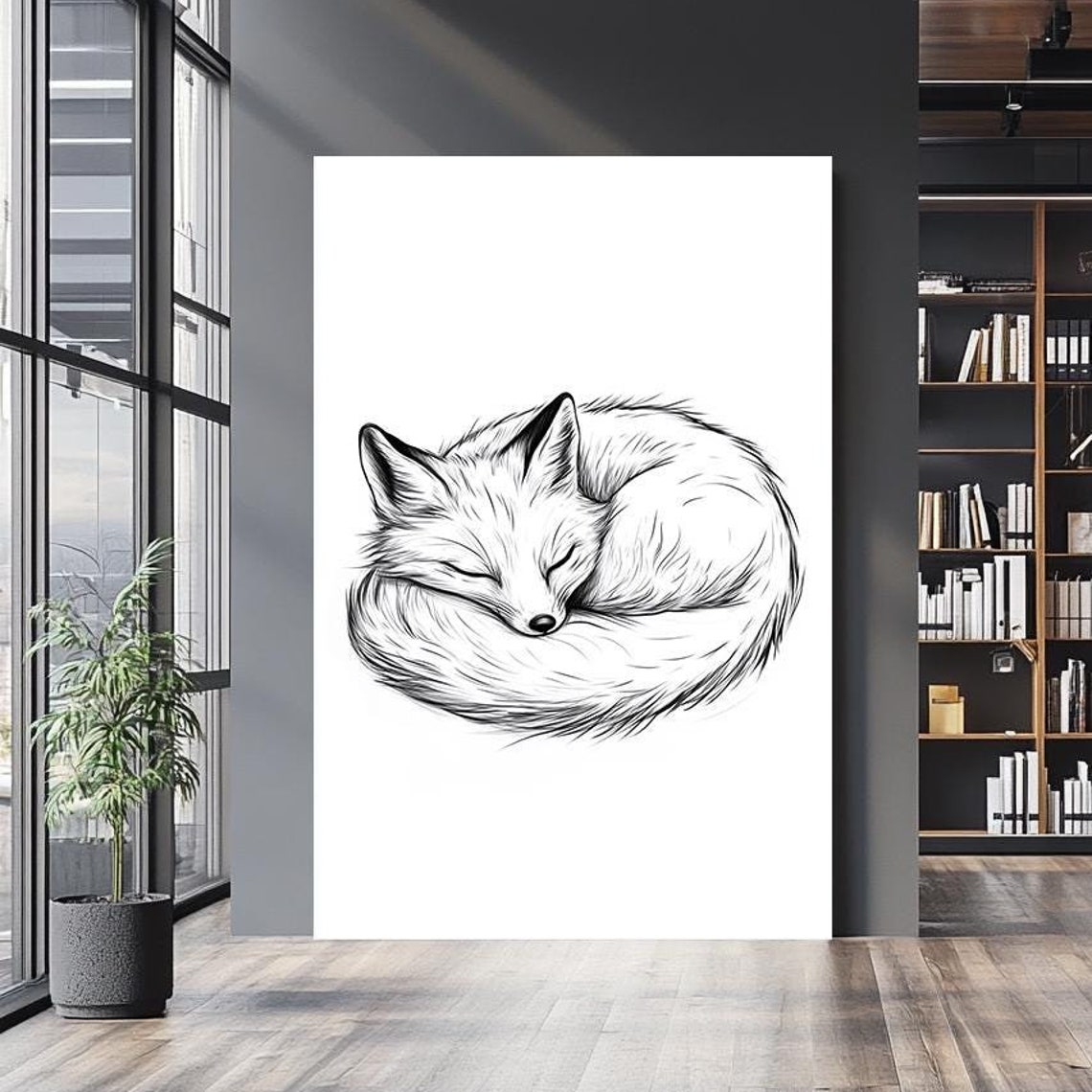 Minimalist Sleeping Fox Curled Circle Ink Sketch Animal Wall Art