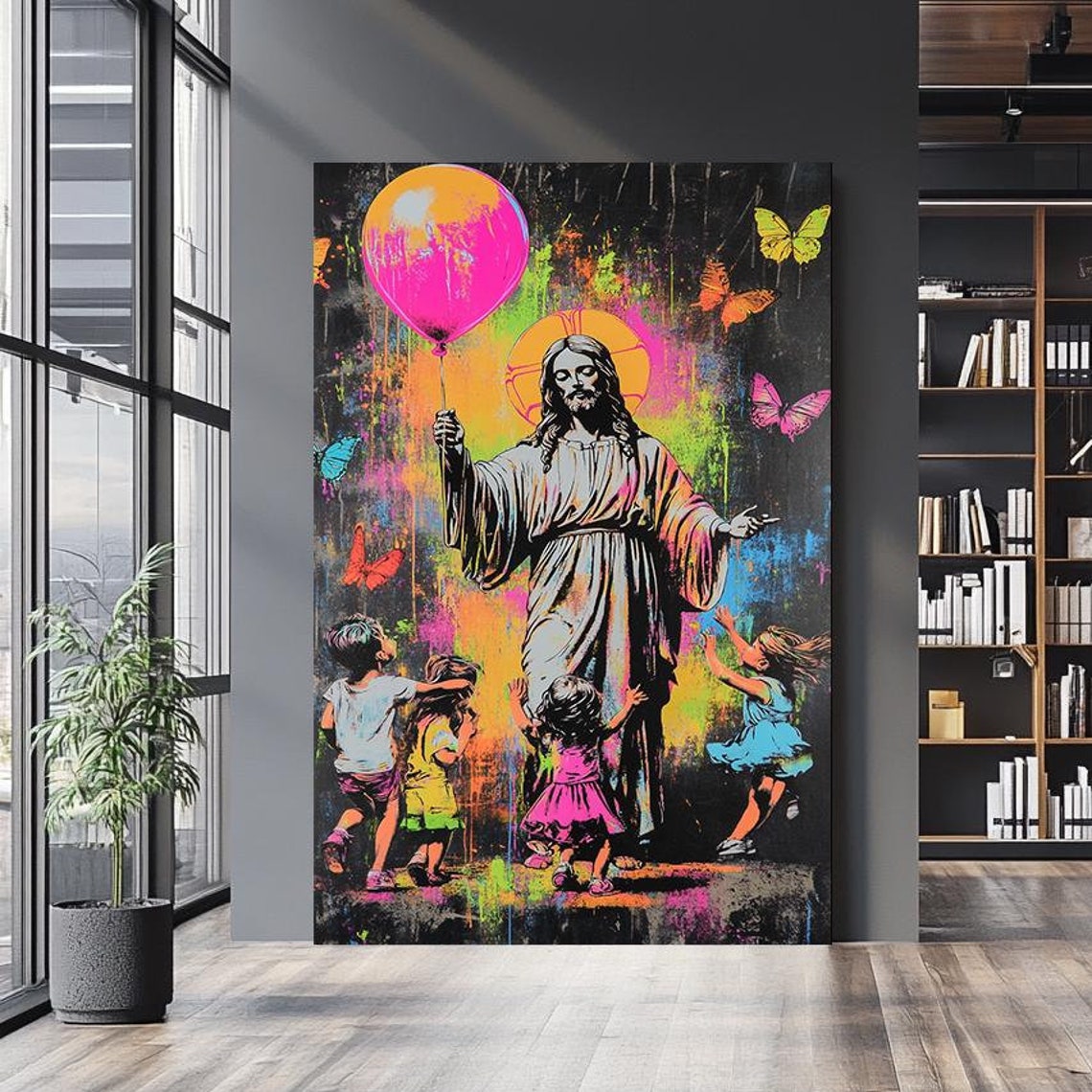 Haloed Jesus Pink Balloon Dancing Children Neon Butterfly Wall Art