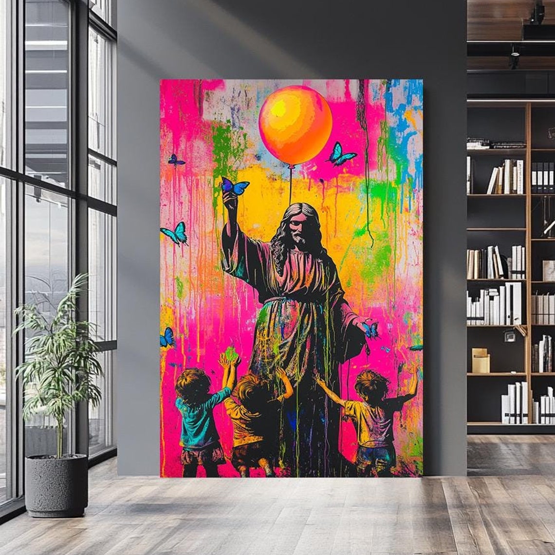 Jesus Lifting Balloon Children Reaching Neon Paint Drip Wall Art