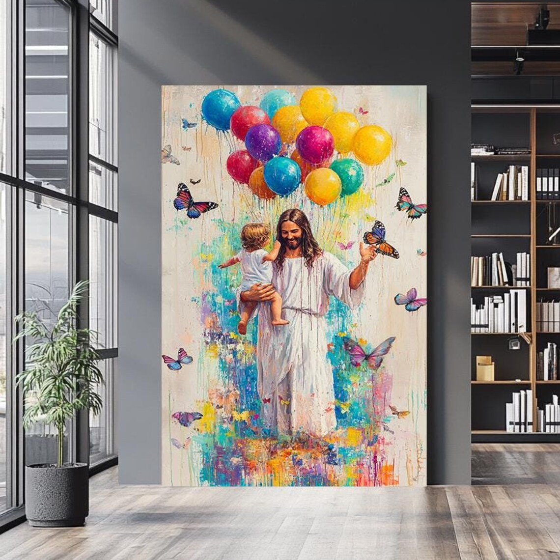 Jesus Holding Child Rainbow Balloons Butterflies Joyful Wall Art