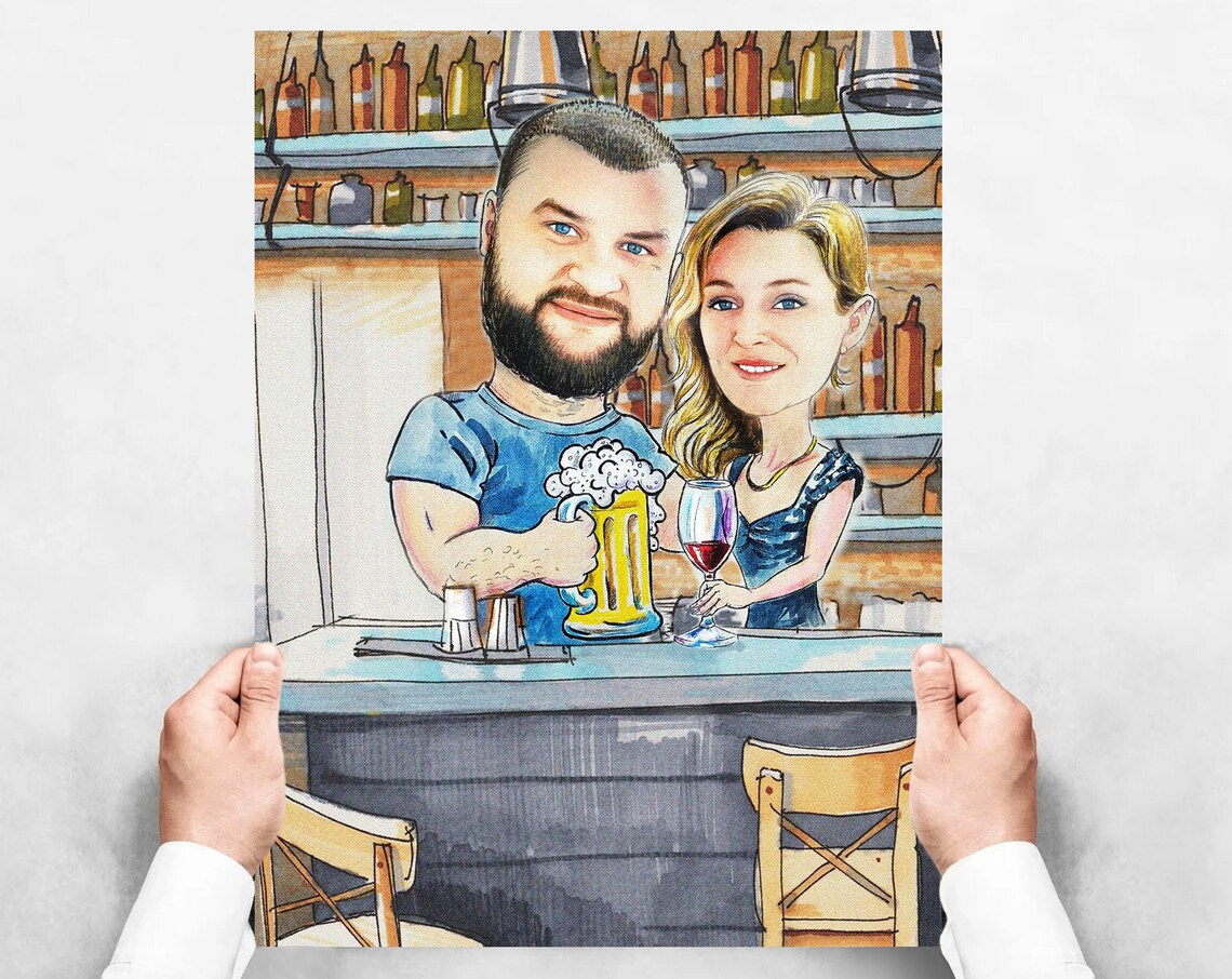 Custom Couple Bar Caricature Portrait From Photo Gift Poster