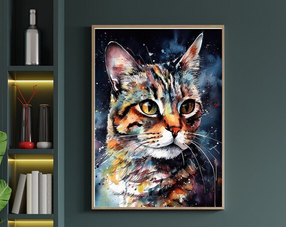 Tabby Cat Colorful Watercolor Portrait Golden Eyes Dark Art Poster