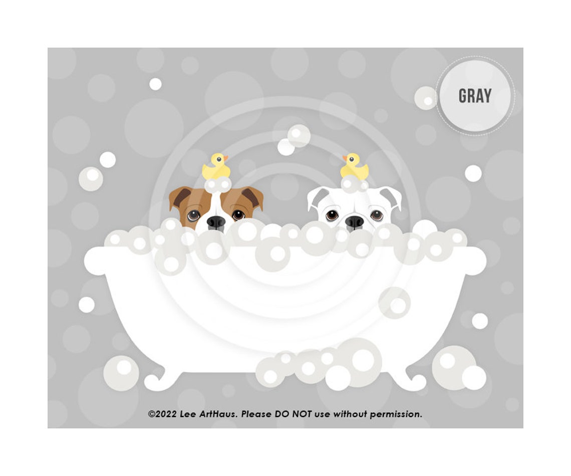 Two English Bulldogs Bubble Bath Clawfoot Tub Rubber Duck Poster