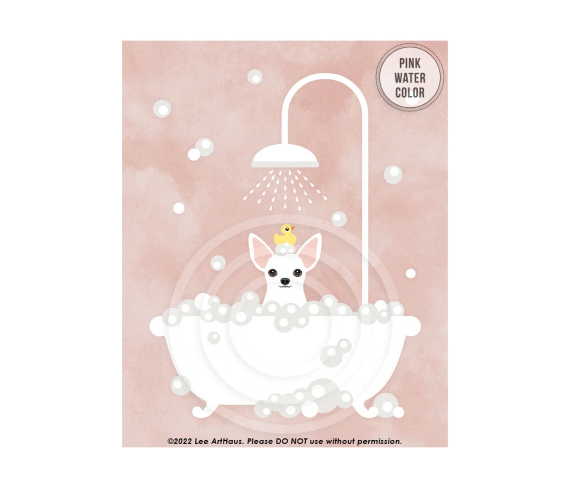 White Chihuahua Bubble Bath Pink Clawfoot Tub Rubber Duck Poster