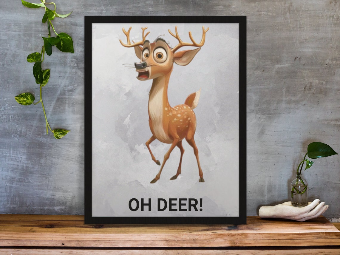 Oh Deer Funny Cartoon Deer Pun Cute Retro Illustration Poster - Image 2