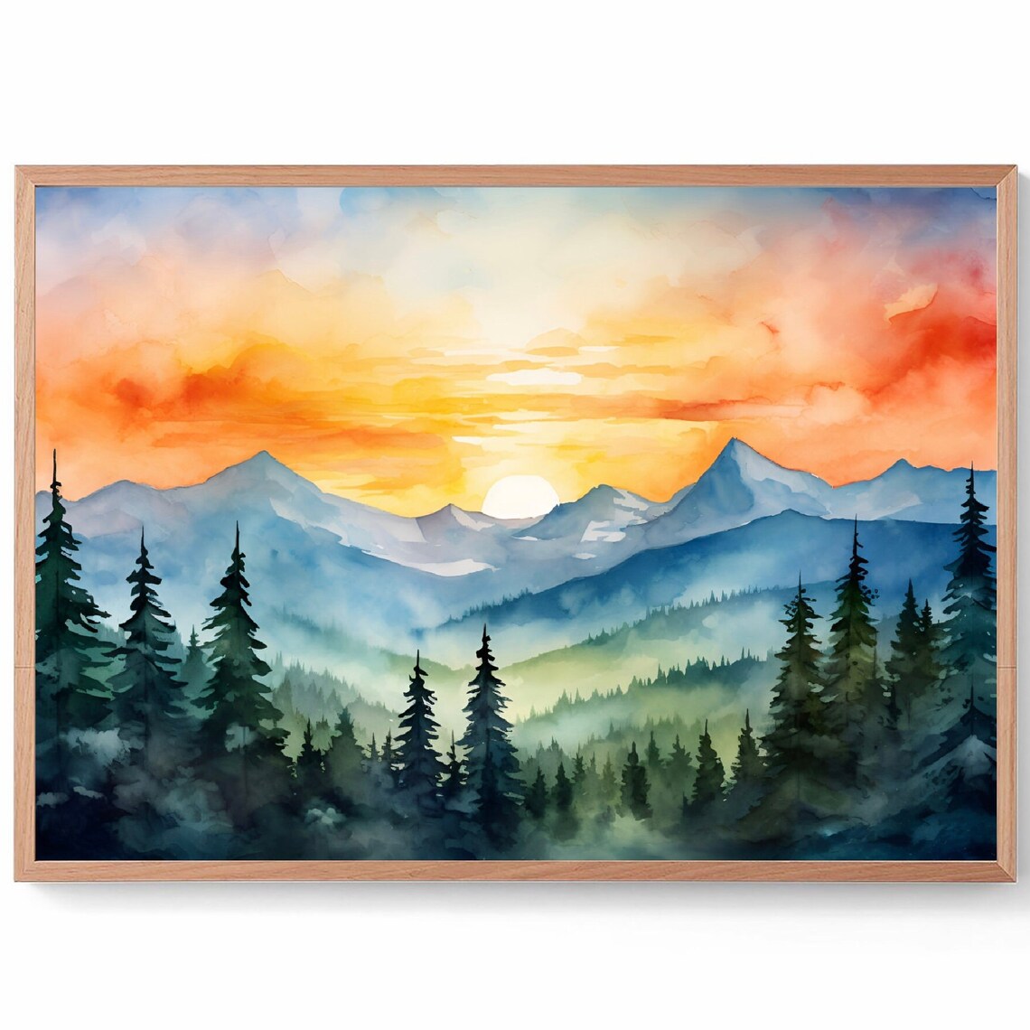 Rocky Mountain Sunrise Misty Pine Forest Peaks Watercolor Poster