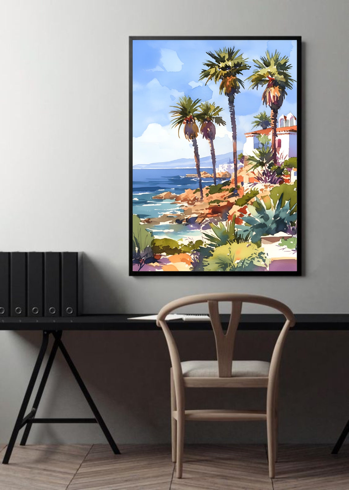 Paphos Cyprus Palm Tree Coastal Villa Mediterranean Watercolor Poster - Image 4