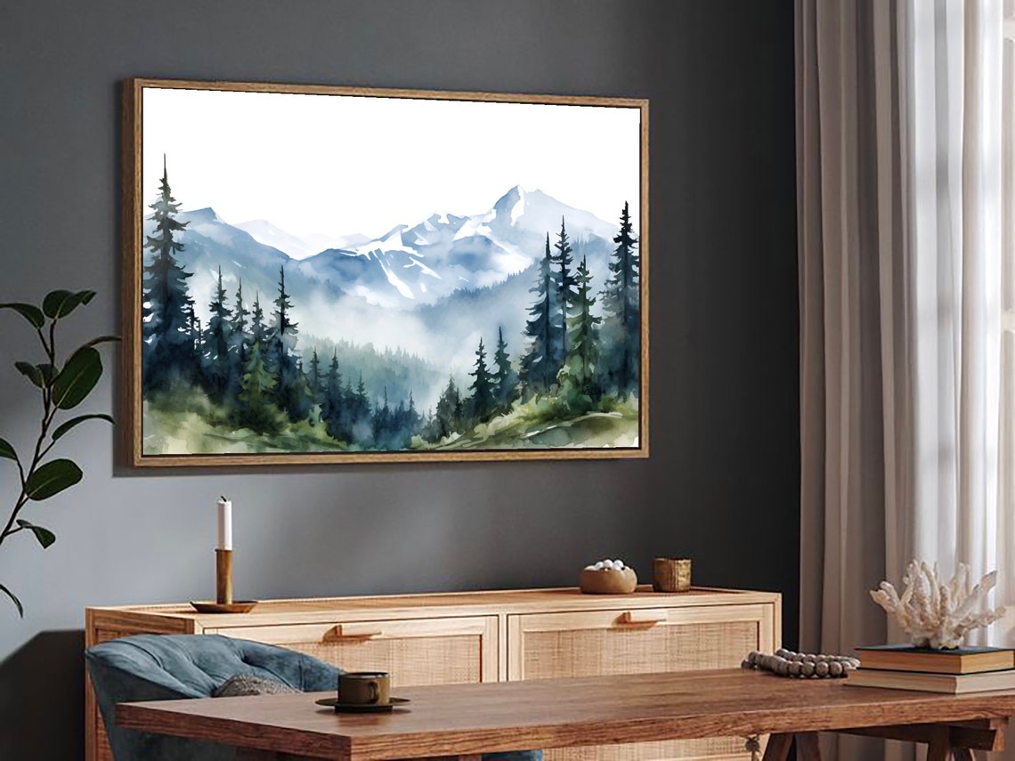 Mount Mitchell Blue Ridge Misty Pine Mountain Watercolor Art Poster - Image 2