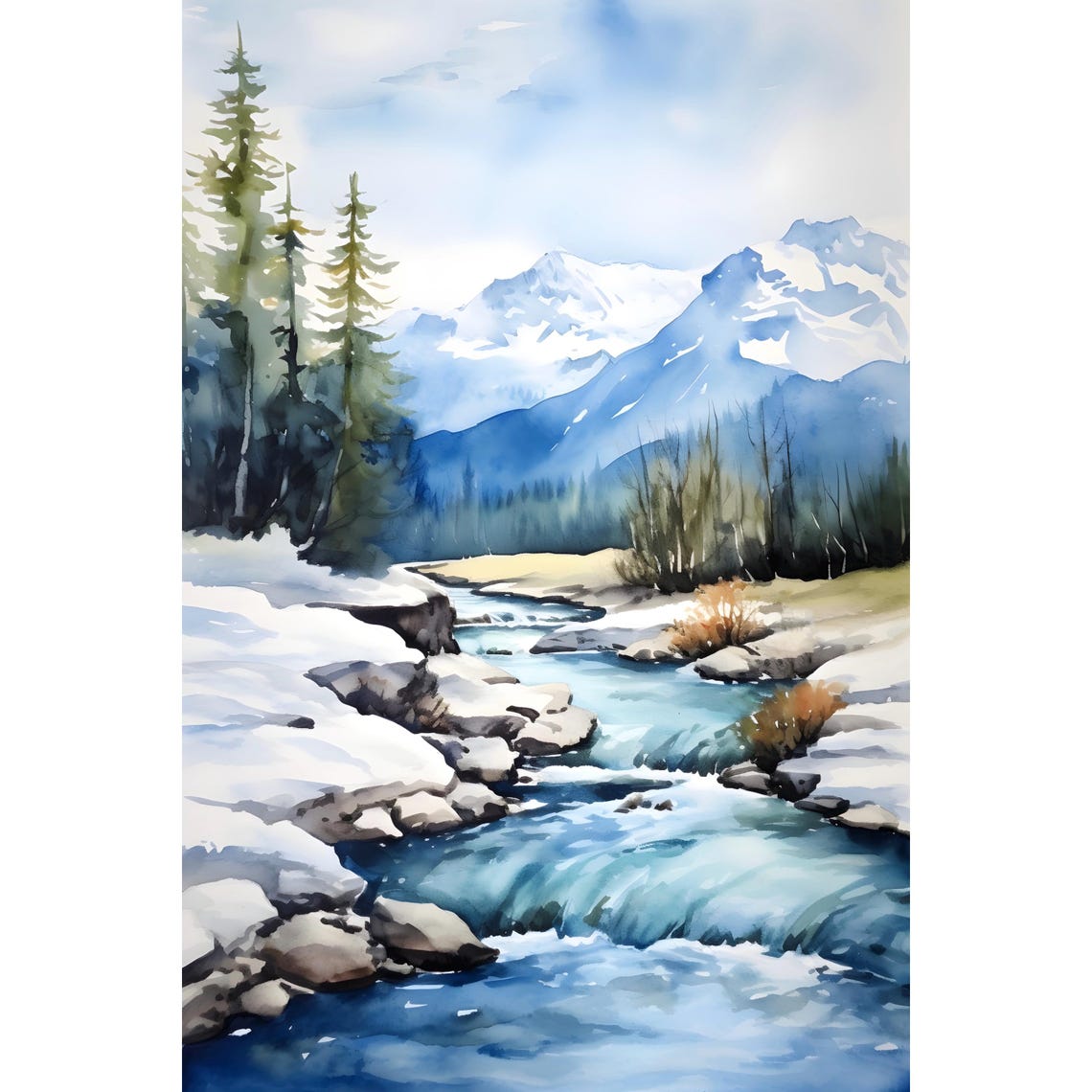Wrangell Mountains Winter River Snow Watercolor Alaska Art Poster