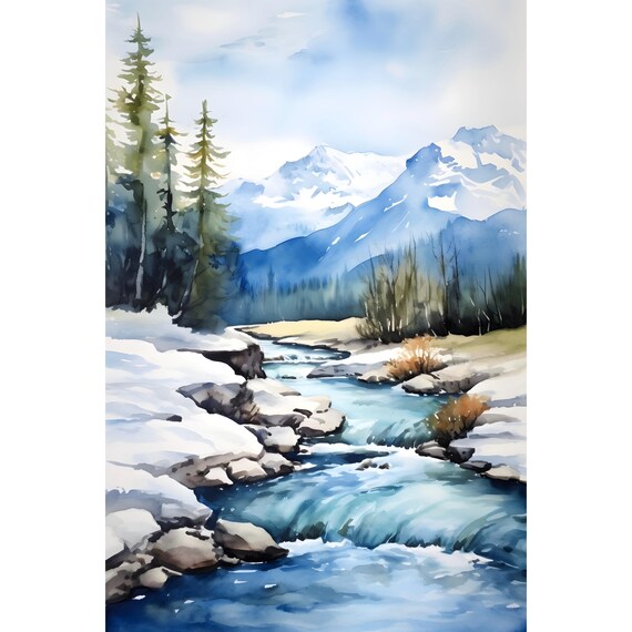 Wrangell Mountains Winter River Snow Watercolor Alaska Art Poster