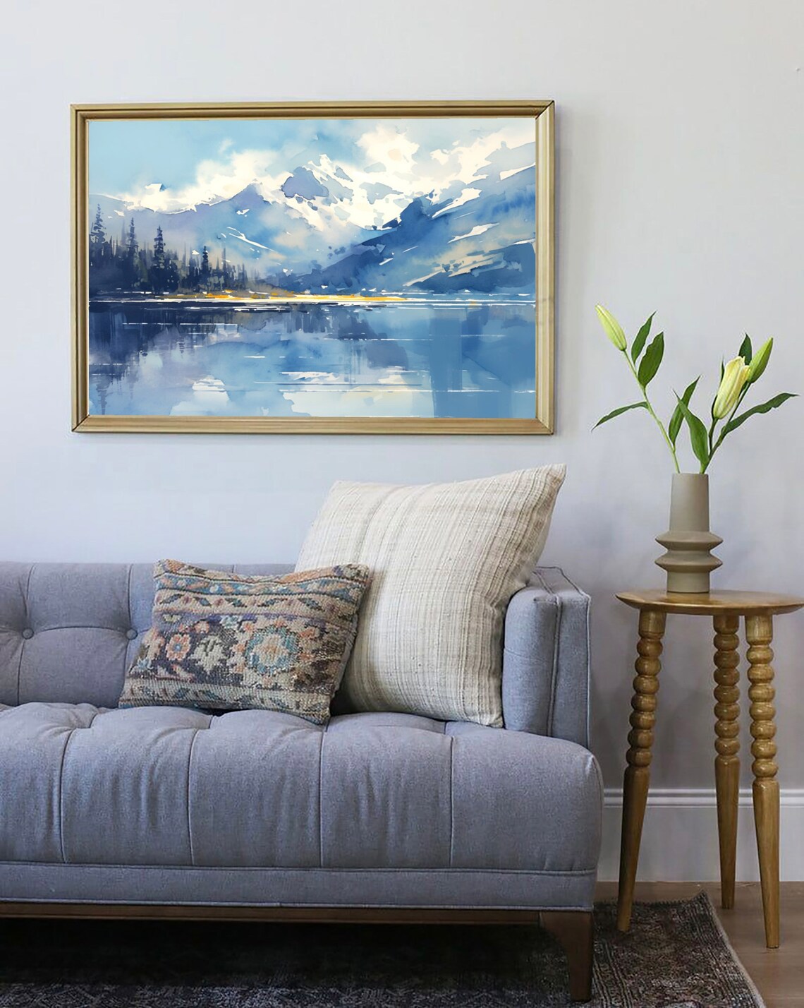 Blue Mountain Lake Mirror Reflection Watercolor Serene Art Poster - Image 4