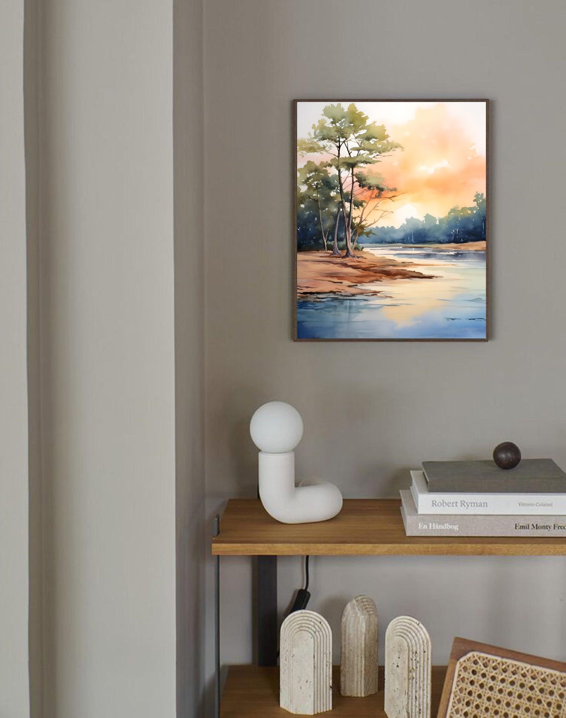 Misty River Sunset Lone Tree Pastel Water Watercolor Art Poster - Image 2