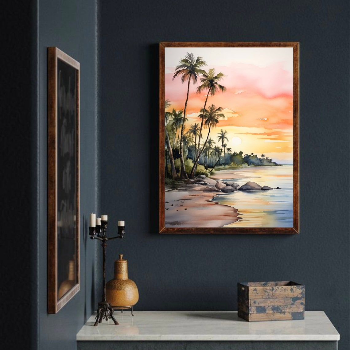 Hollywood Beach Florida Palm Trees Pink Sunset Watercolor Poster - Image 2