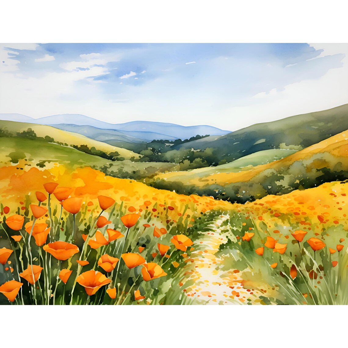 California Poppy Field Rolling Hills Golden Bloom Watercolor Poster
