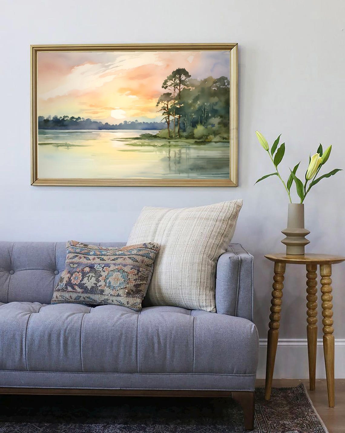 Sunset Lake Golden Sky Pine Shore Reflections Watercolor Art Poster - Image 4