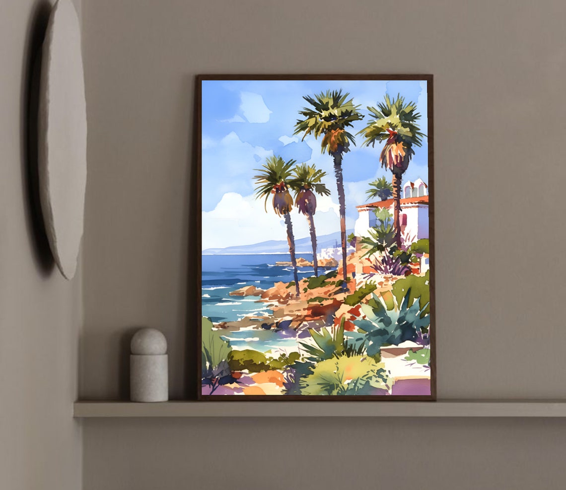 Paphos Cyprus Palm Tree Coastal Villa Mediterranean Watercolor Poster - Image 2